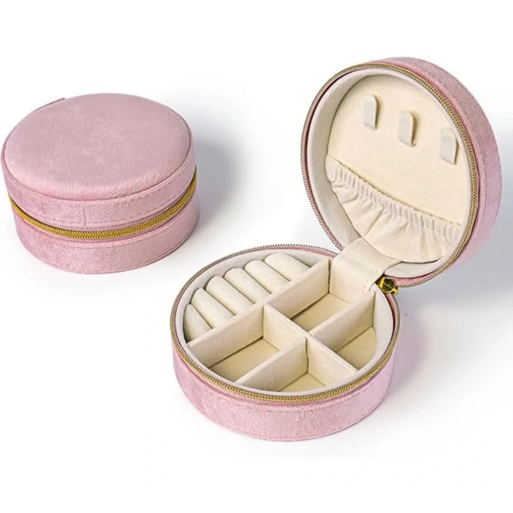 💞 New Round Pink Travel Jewelry Box Organizing Case